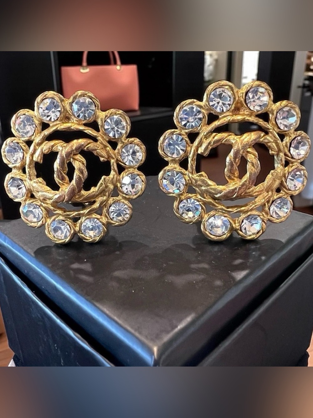 CHANEL Gold-Tone Crystal CC Button Earrings